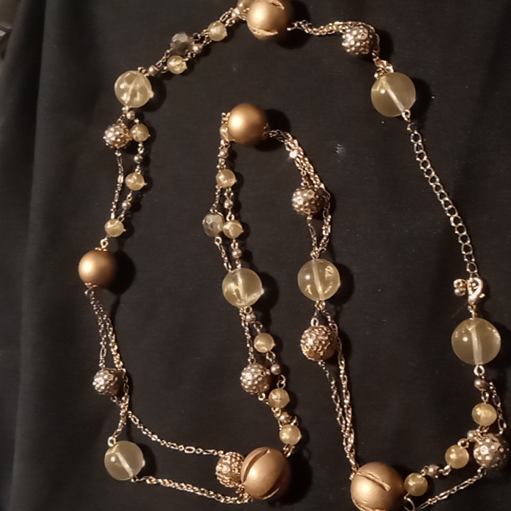 Long Layered Beaded Gold Tone Necklace Glass Wooden Metal Beaded 11$